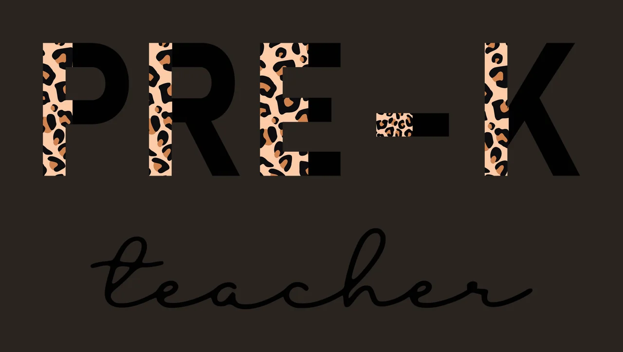 PRE-K teacher Typography Design with PRE-K text with leopard pattern and cursive 'teacher' text in black, beige and brown contrast preview thumbnail