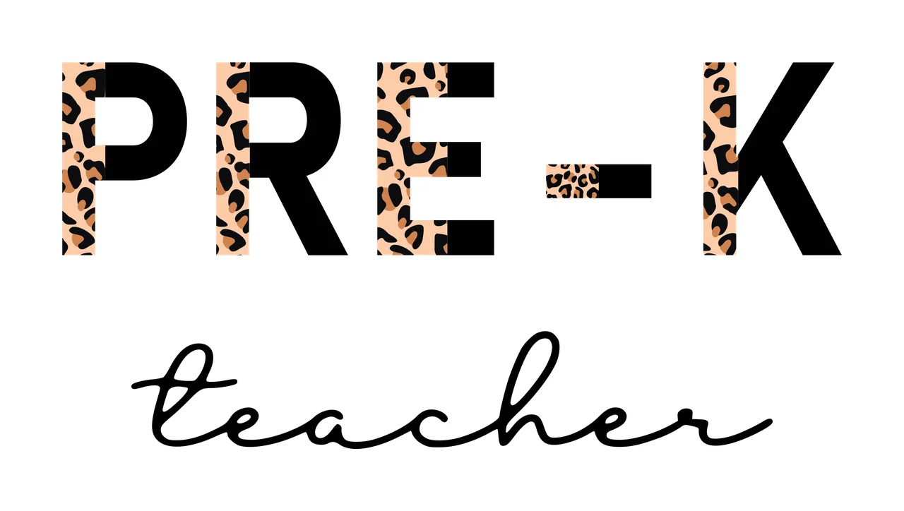 PRE-K teacher Typography Design with PRE-K text with leopard pattern and cursive 'teacher' text in black, beige and brown