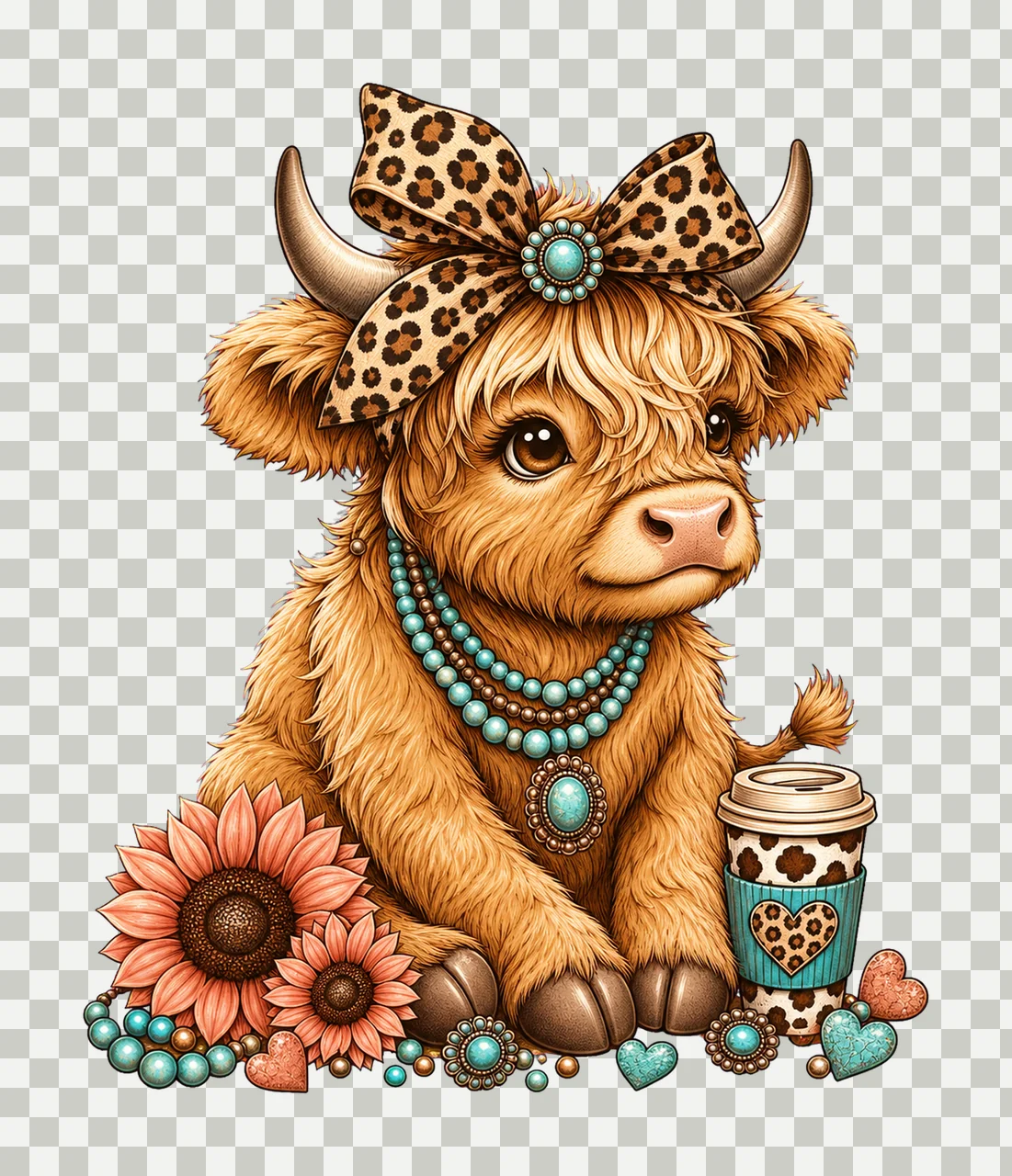Highland Cow Leopard Bow Coffee sublimation Variation A transparency and detail preview thumbnail