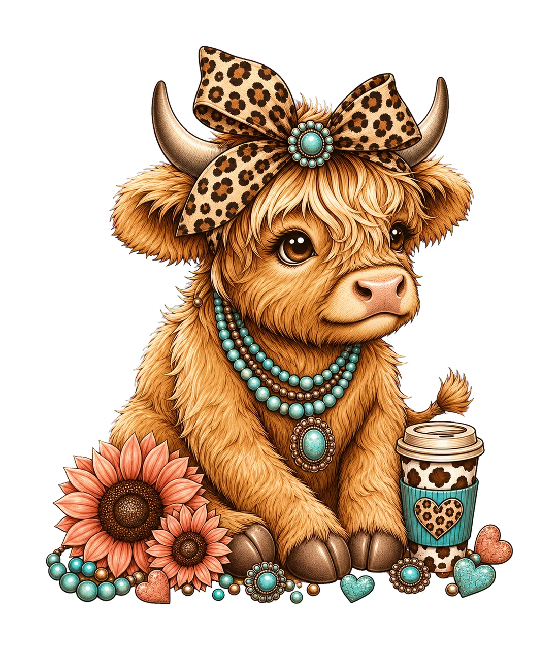 Highland Cow Leopard Bow Coffee sublimation Variation A